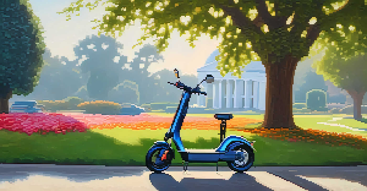 A close-up view of a shiny e-scooter in a park, surrounded by green grass and colorful flowers, illuminated by sunlight.