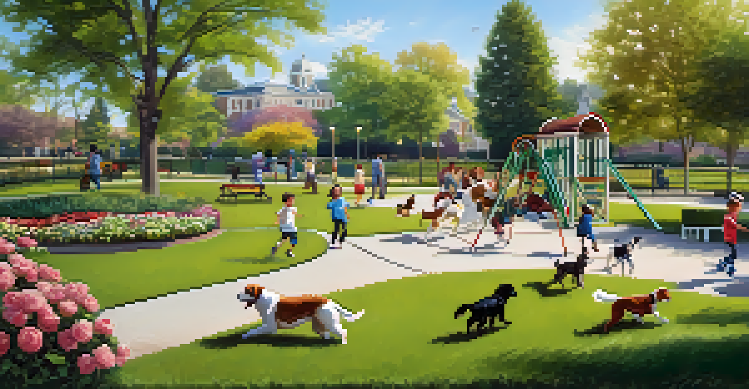Dogs playing in a fenced area at McKinley Park with a rose garden in the background.