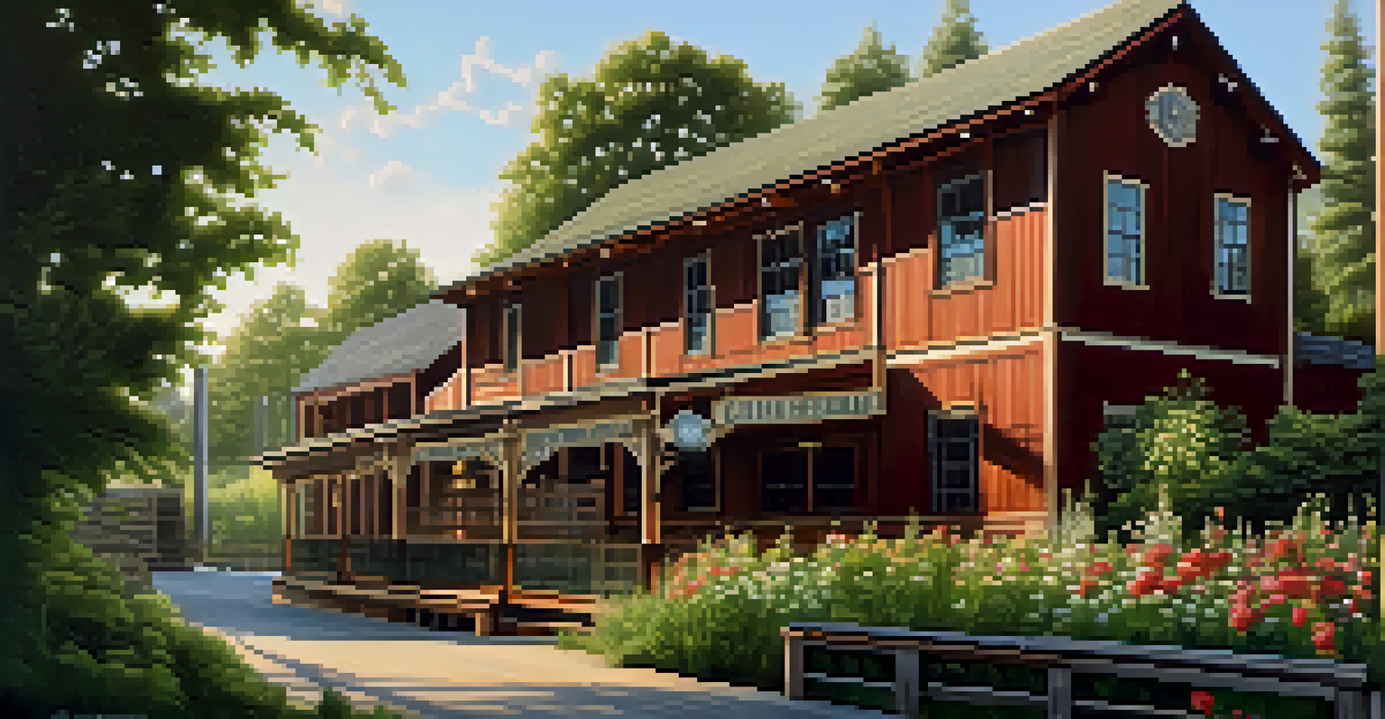 A beautifully restored lumber mill in Sacramento's Mill District, surrounded by greenery and flowers in soft morning light.