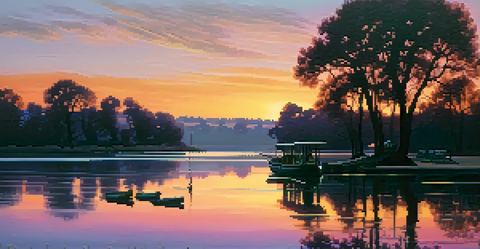 A tranquil sunset view over the Sacramento River with silhouetted boats and trees, featuring vibrant colors in the sky reflecting on the water.