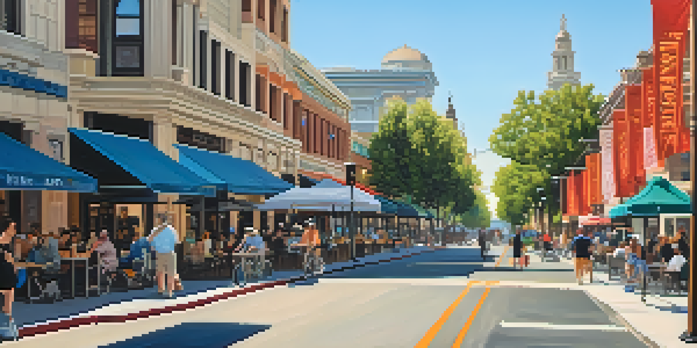 A busy street in Sacramento featuring a mix of old and new buildings, with pedestrians and cyclists, and outdoor dining areas under a clear blue sky.
