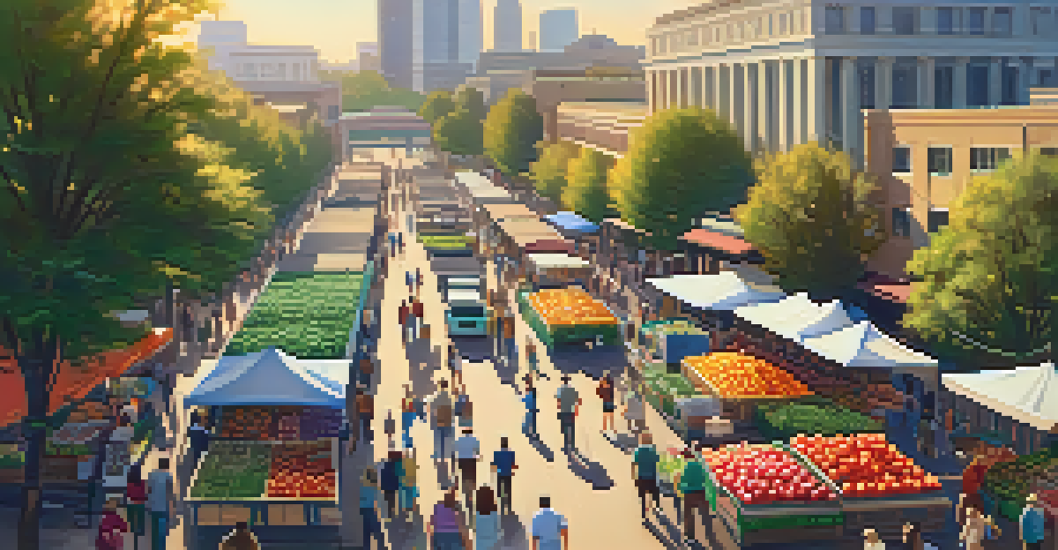 An aerial view of a farmer's market in Sacramento with colorful produce and diverse shoppers.