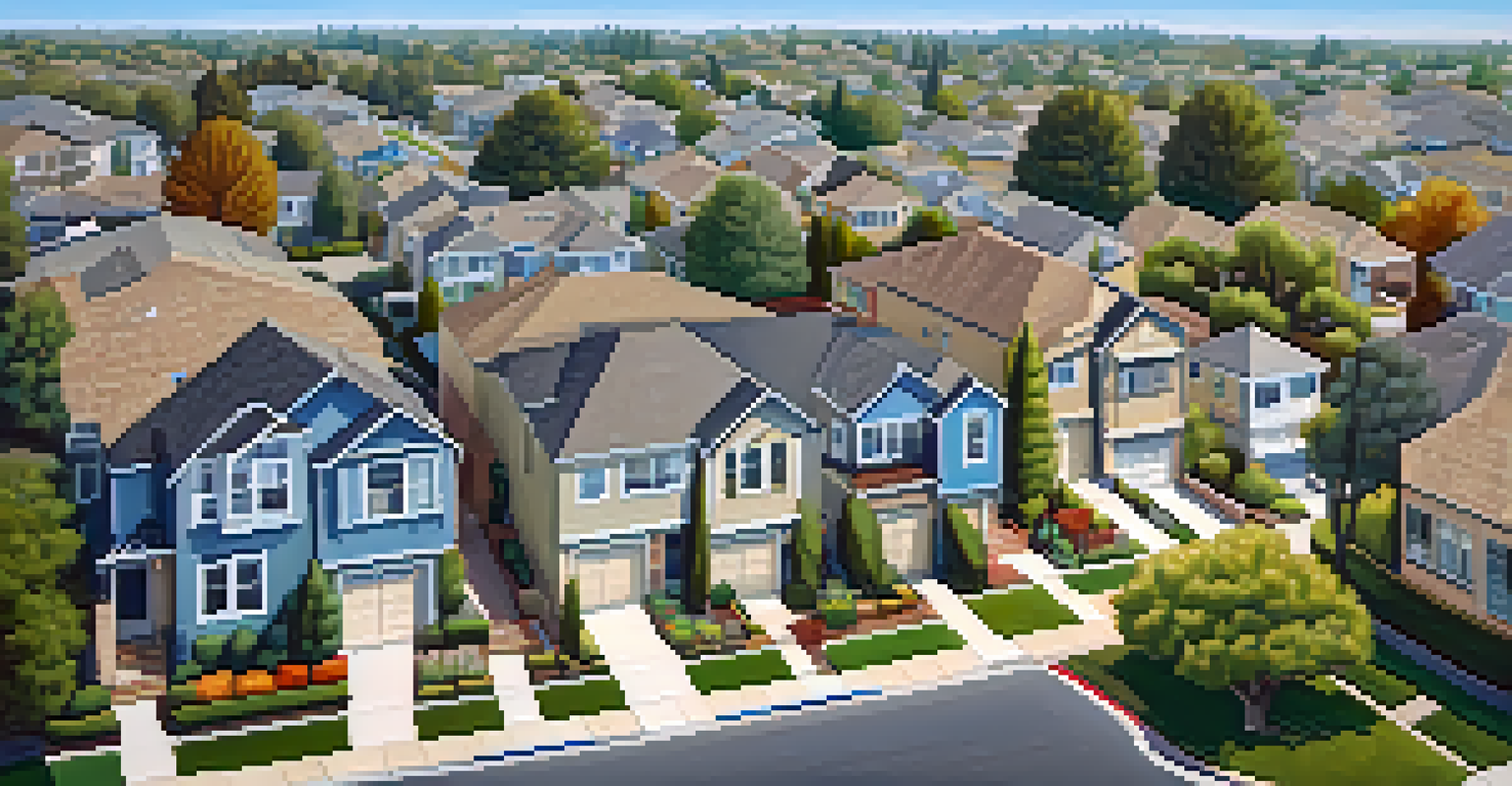 An aerial view of a suburban neighborhood in Sacramento with modern homes and landscaped yards.