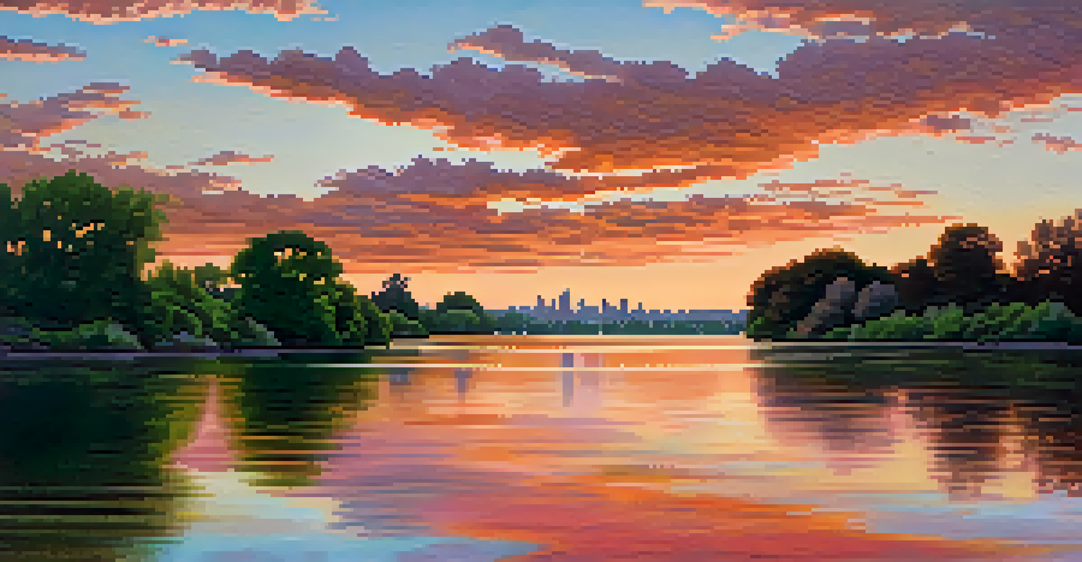 A picturesque sunset over the Sacramento River, with reflections of orange and pink colors, lush green banks, and the city skyline in the background, highlighting the river's importance.