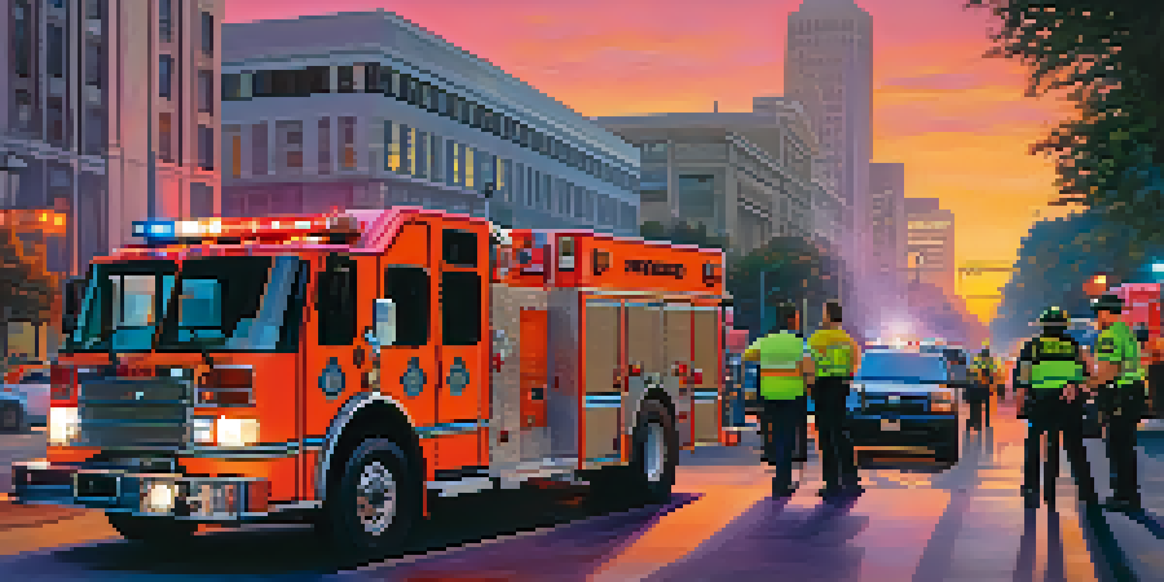 A collaborative scene of first responders in Sacramento, with a high-tech emergency vehicle and a sunset skyline in the background.