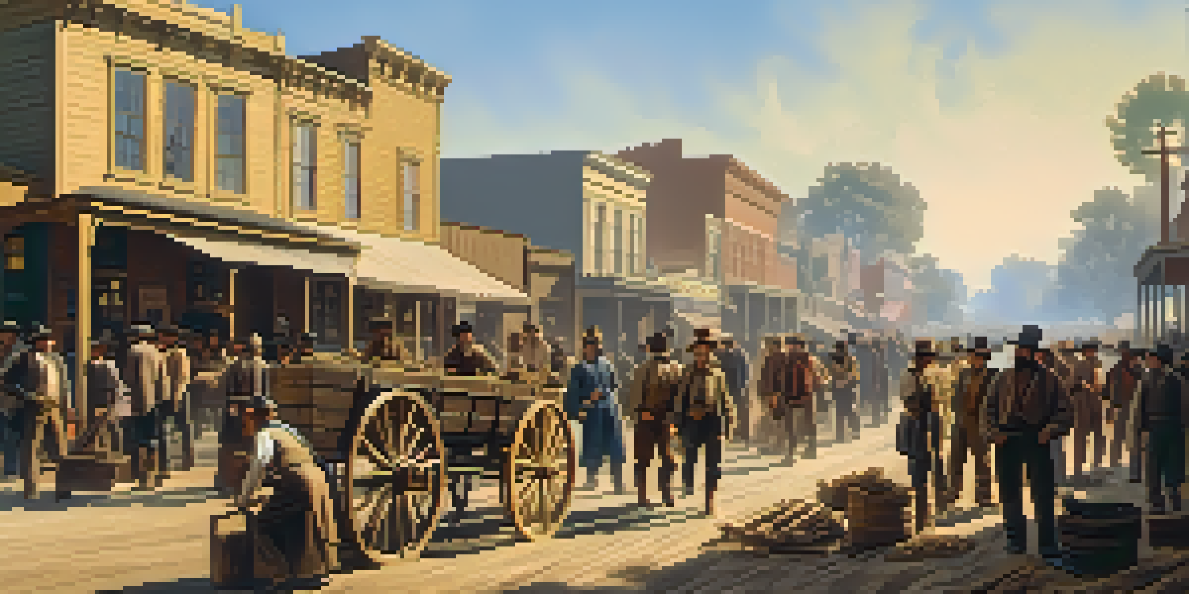 A lively street scene in 1850s Sacramento during the Gold Rush, showing diverse people trading supplies with wooden carts, period clothing, and the river in the background.