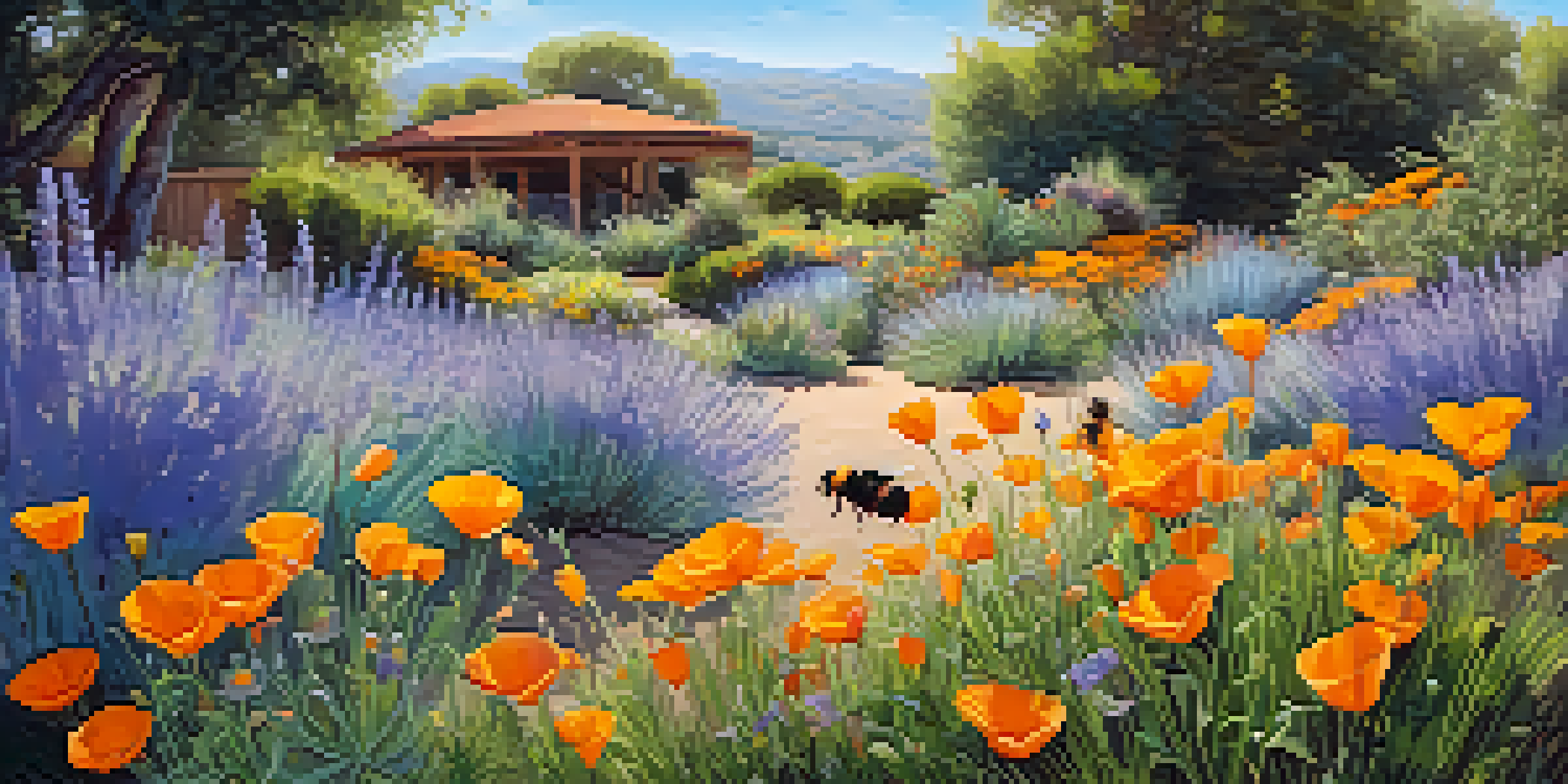 A colorful garden with California poppies and lavender, buzzing with bees and butterflies under a clear blue sky.