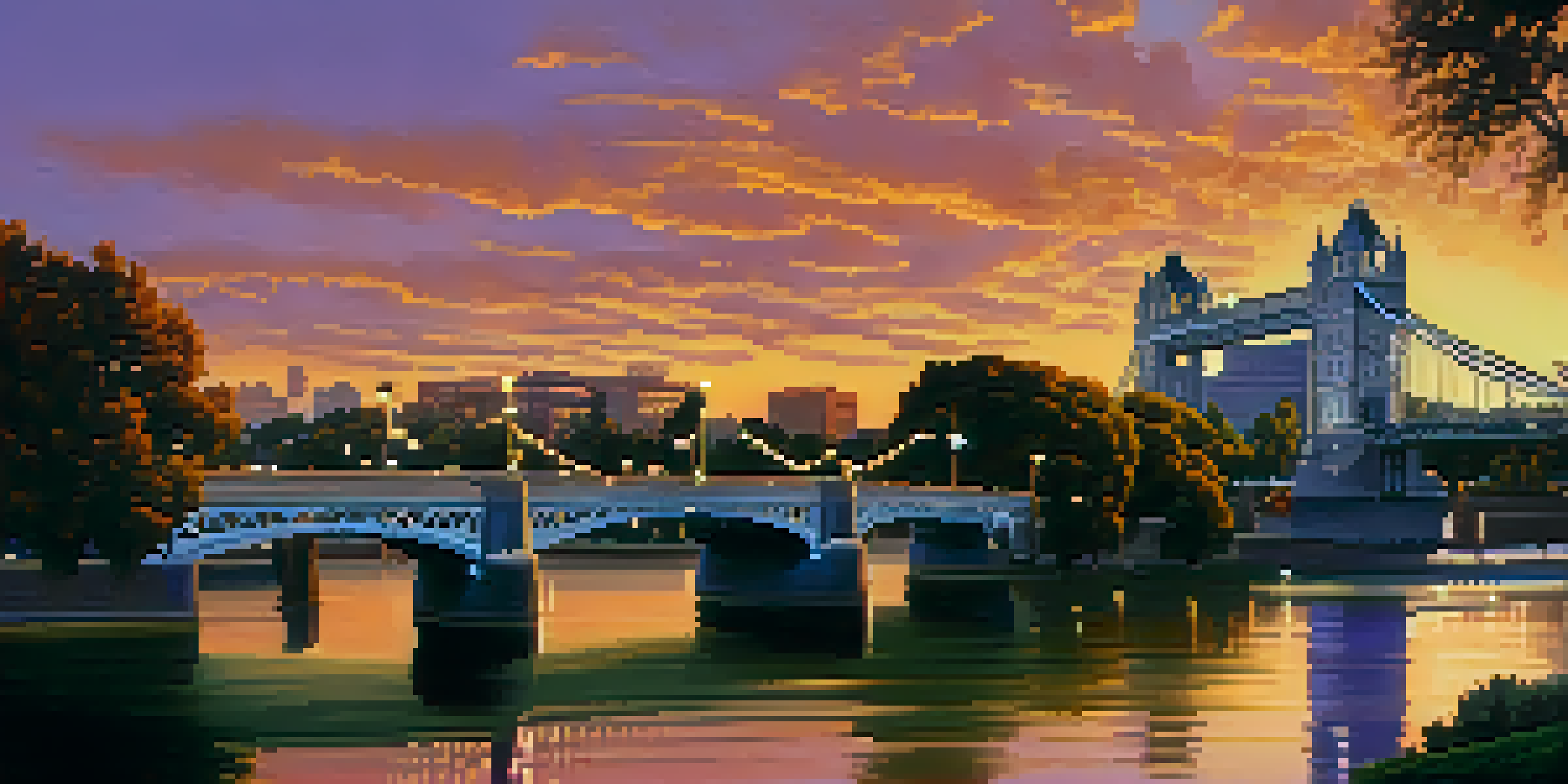 A scenic sunset view of the Tower Bridge in Sacramento, showcasing its Art Deco design and glowing lights over the river.