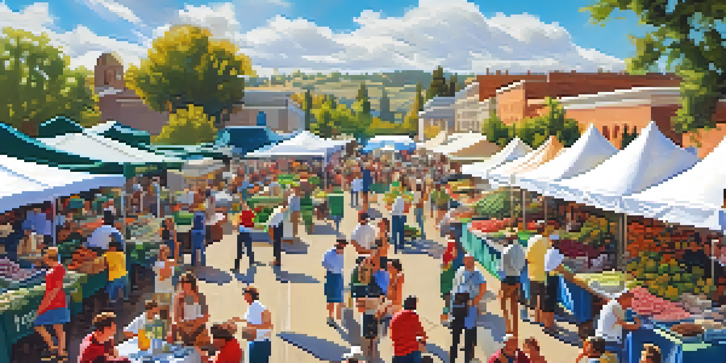 A busy outdoor festival with people enjoying fresh produce and food stalls under a clear sky.