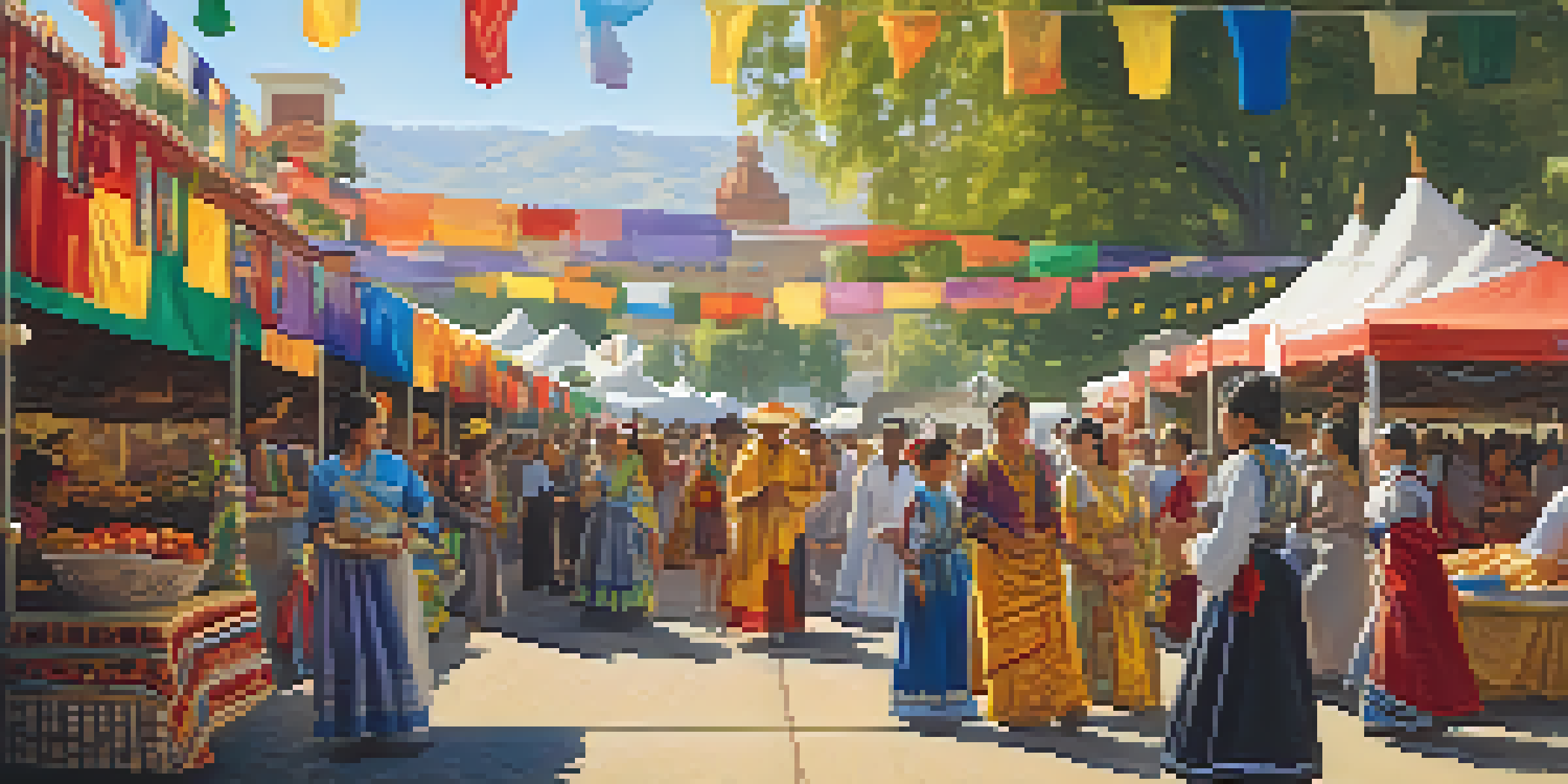 A lively cultural festival in Sacramento with people in traditional clothing, colorful banners, and food stalls under bright sunlight.