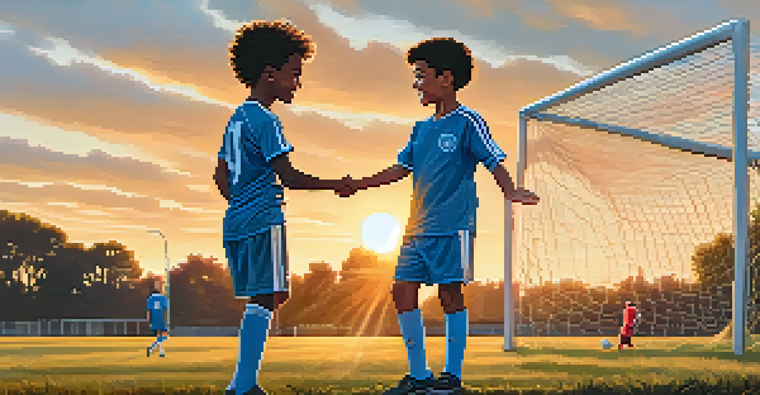 Two young athletes shaking hands after a friendly soccer match on a grassy field at sunset.