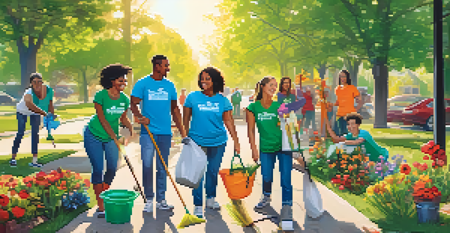 Volunteers cleaning a neighborhood park, wearing bright shirts and planting flowers under sunny skies.
