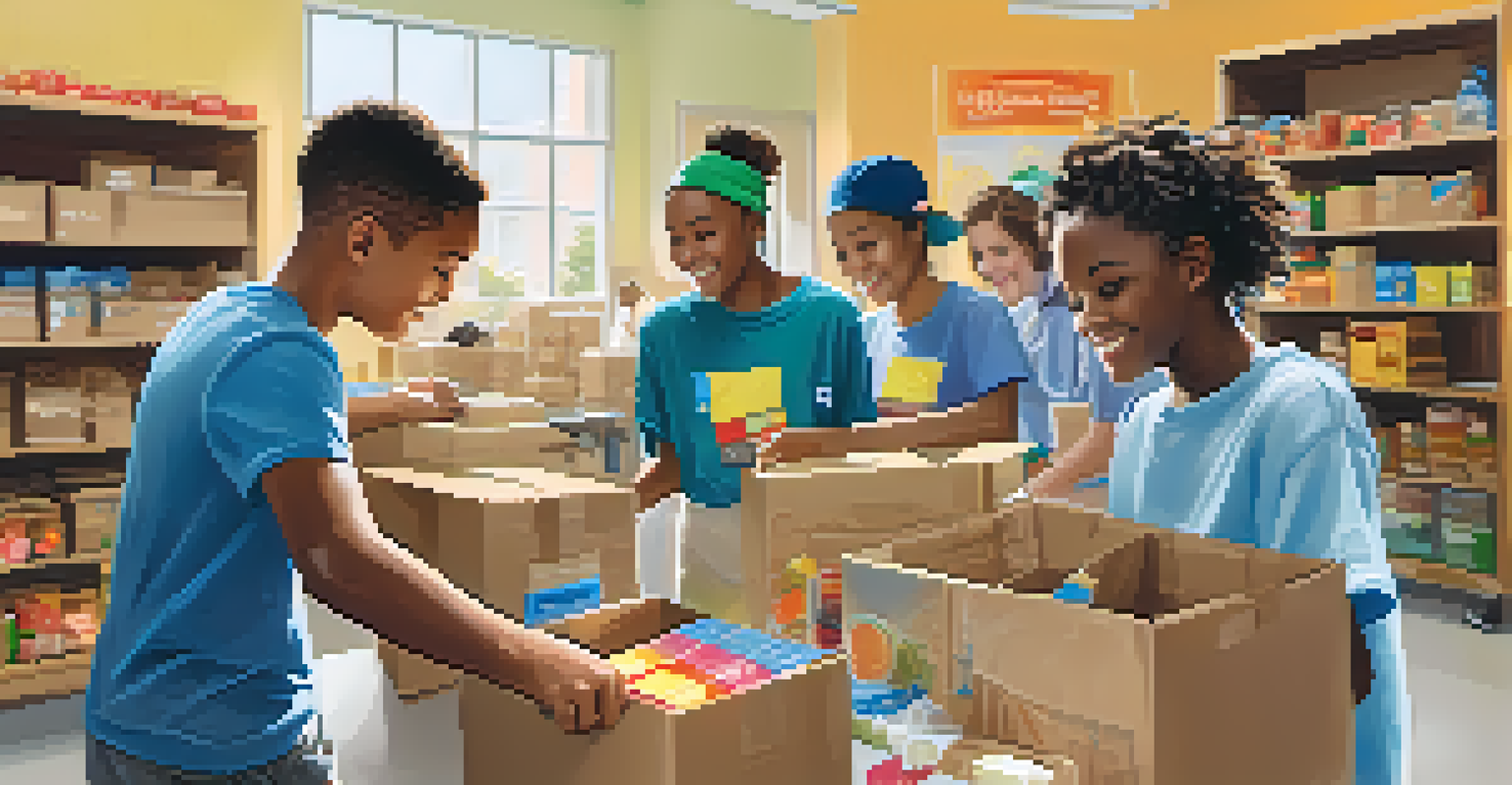 Young people working together in a community center, assembling food packages with cheerful expressions.