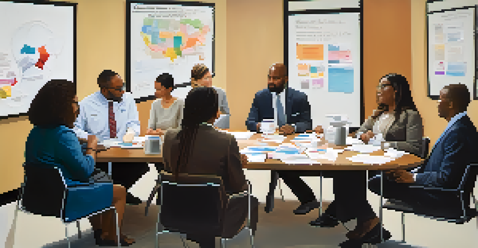 A meeting of local government and community representatives discussing health equity strategies around a table.