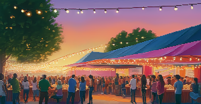 A lively film festival scene in Sacramento with diverse attendees, colorful banners, and a sunset sky.