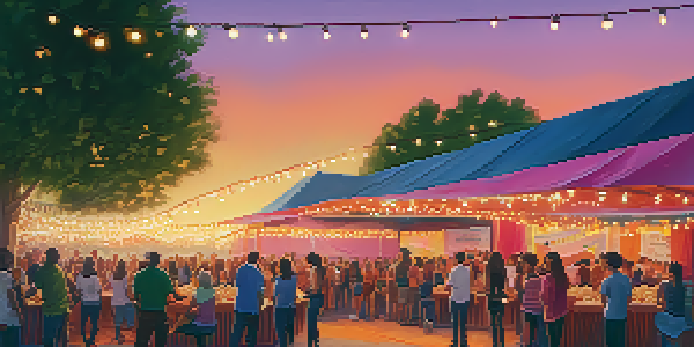 A lively film festival scene in Sacramento with diverse attendees, colorful banners, and a sunset sky.
