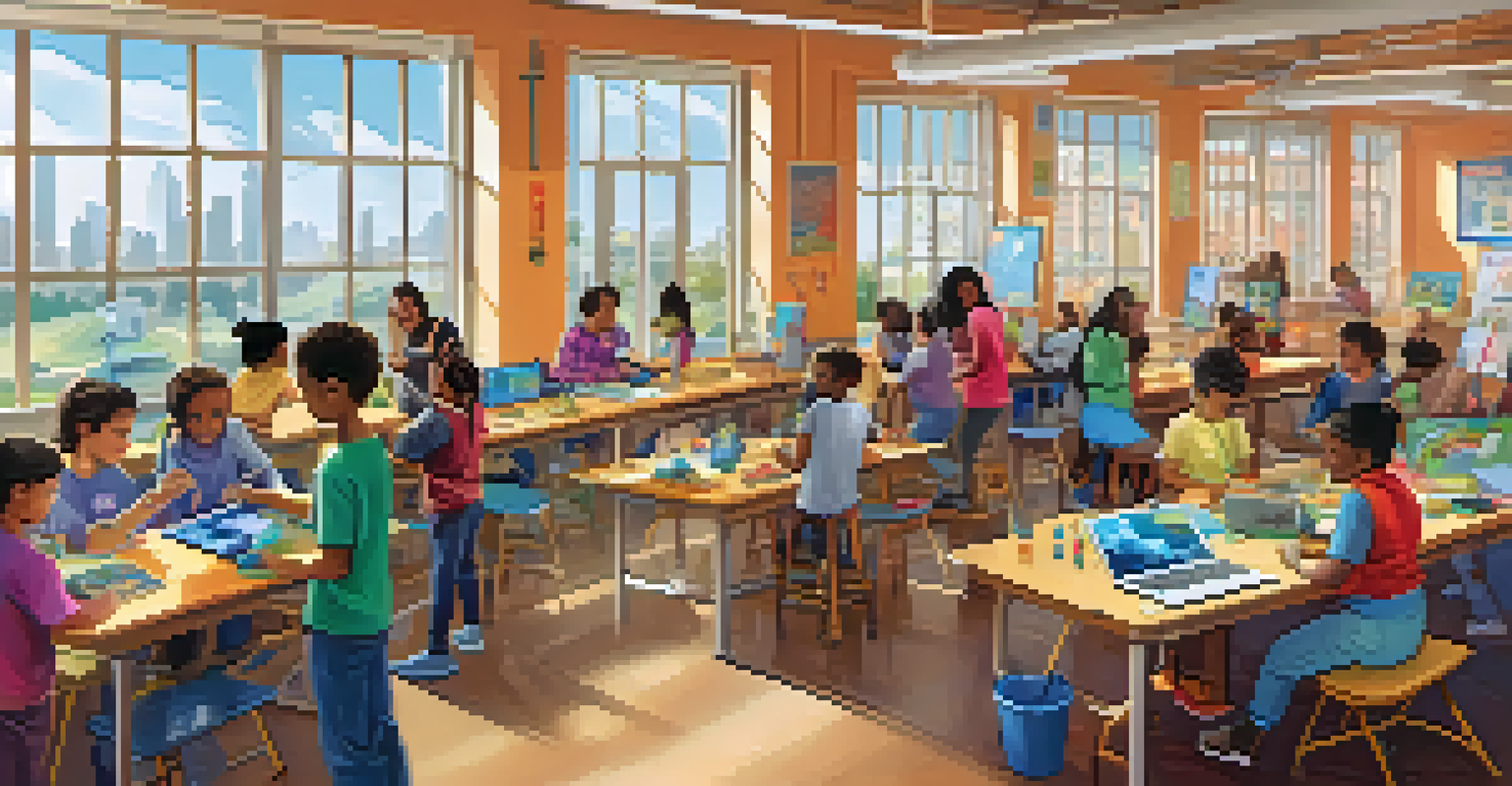 A vibrant community workshop with residents participating in a STEM activity, surrounded by educational materials.