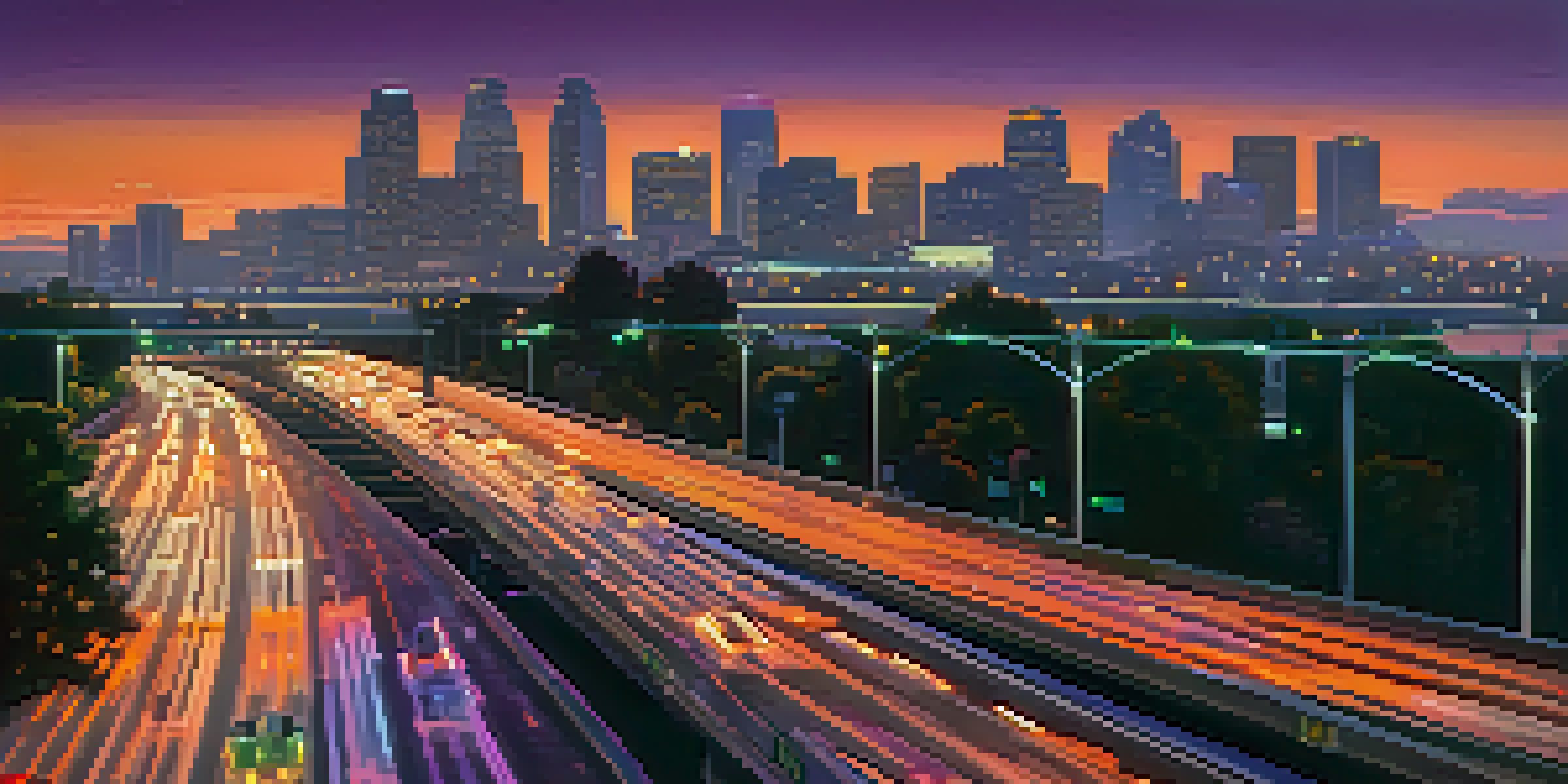 A busy freeway in Sacramento at sunset, with cars and a modern traffic signal in the foreground and the city skyline in the background.