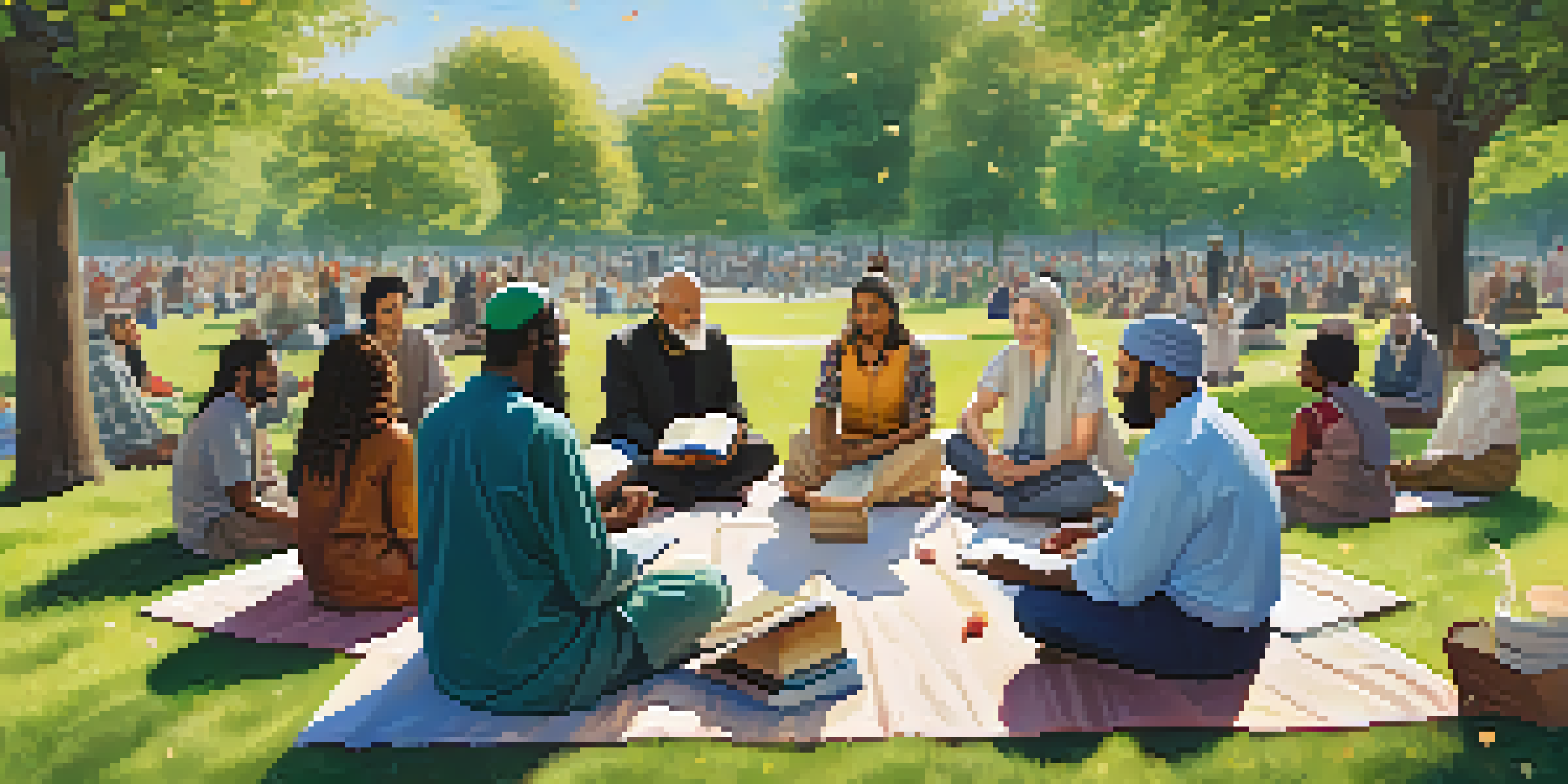A diverse group of individuals from different religious backgrounds sitting together in a sunny park, engaged in conversation and holding books that represent their faiths.