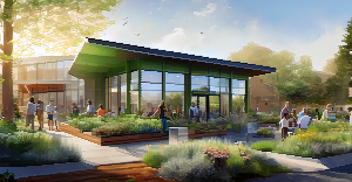 A sustainable building with a green roof, solar panels, large windows, and a community garden in Sacramento under a bright blue sky.