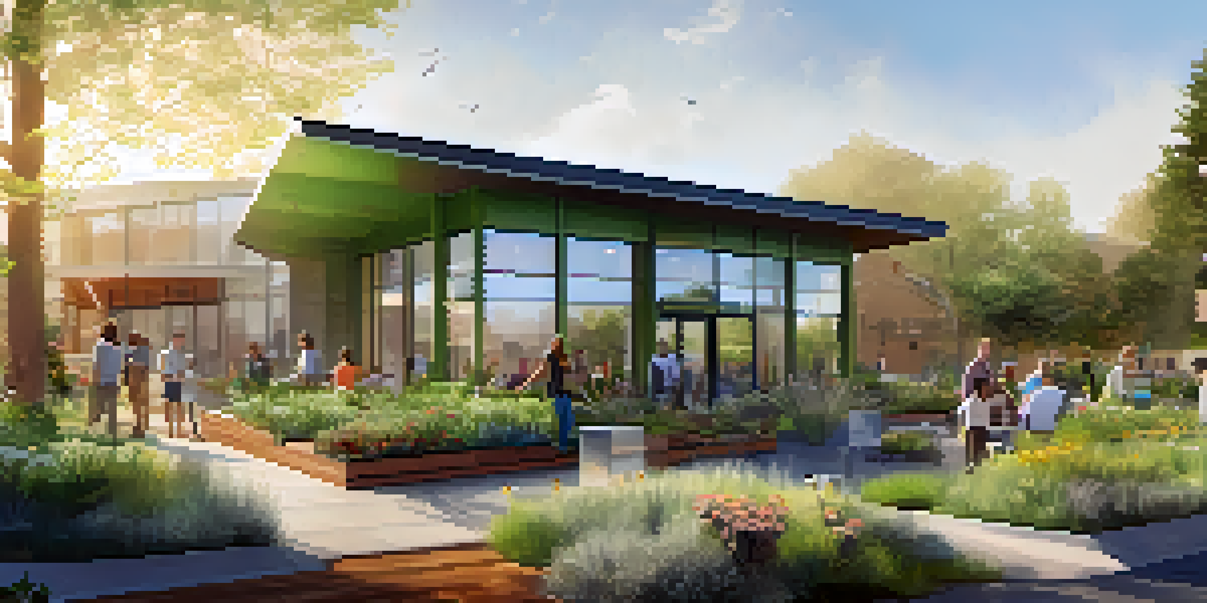 A sustainable building with a green roof, solar panels, large windows, and a community garden in Sacramento under a bright blue sky.