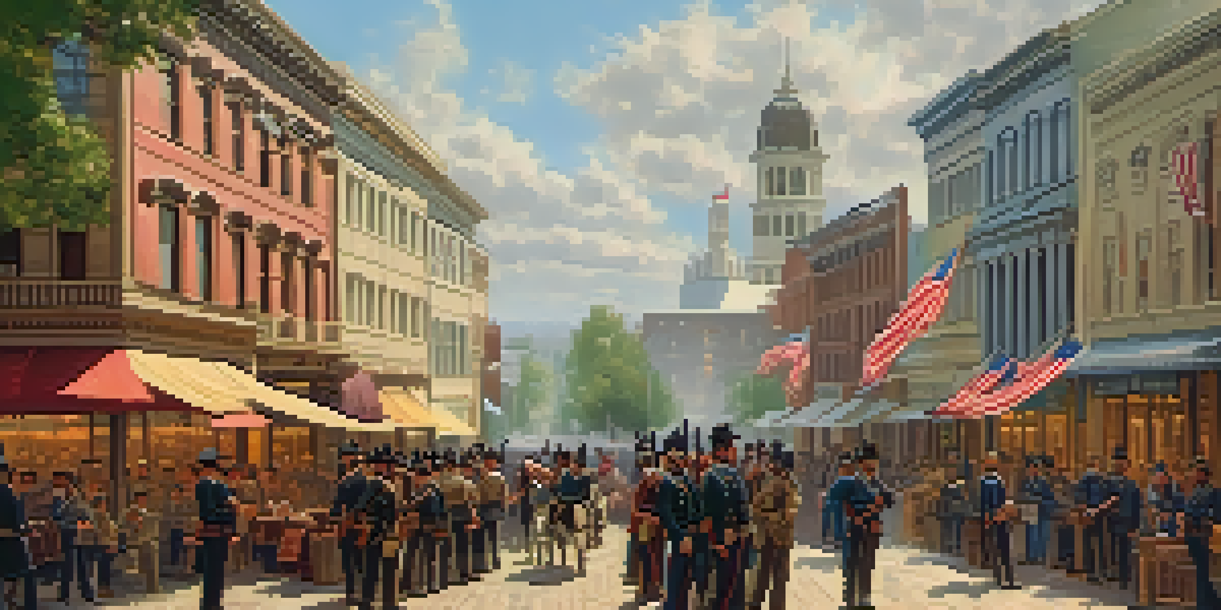 A lively street scene in Sacramento during the Civil War, showing soldiers, civilians, and 19th-century architecture.