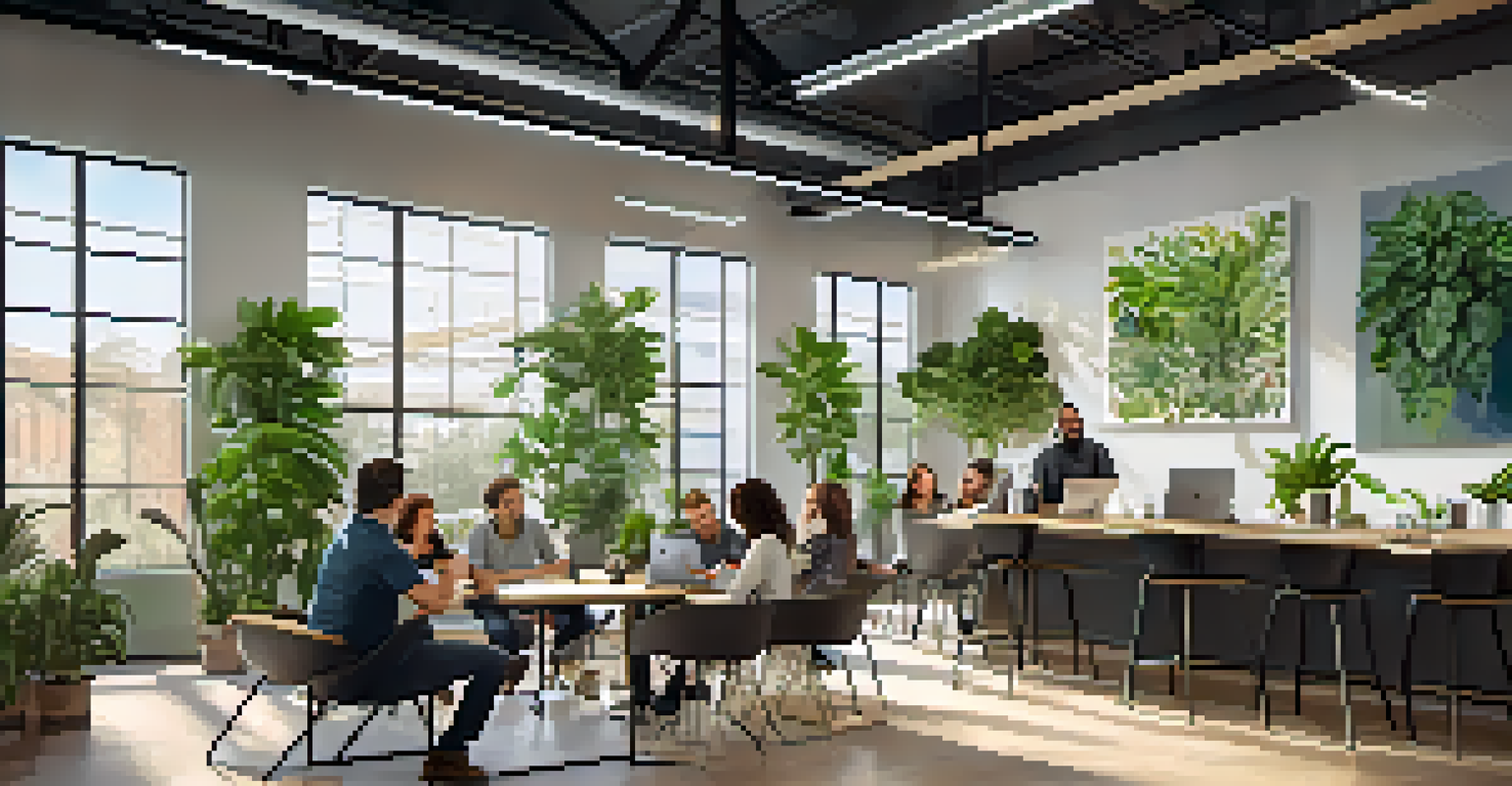 A collaborative co-working space in Sacramento with entrepreneurs discussing ideas, surrounded by plants and bright natural light.