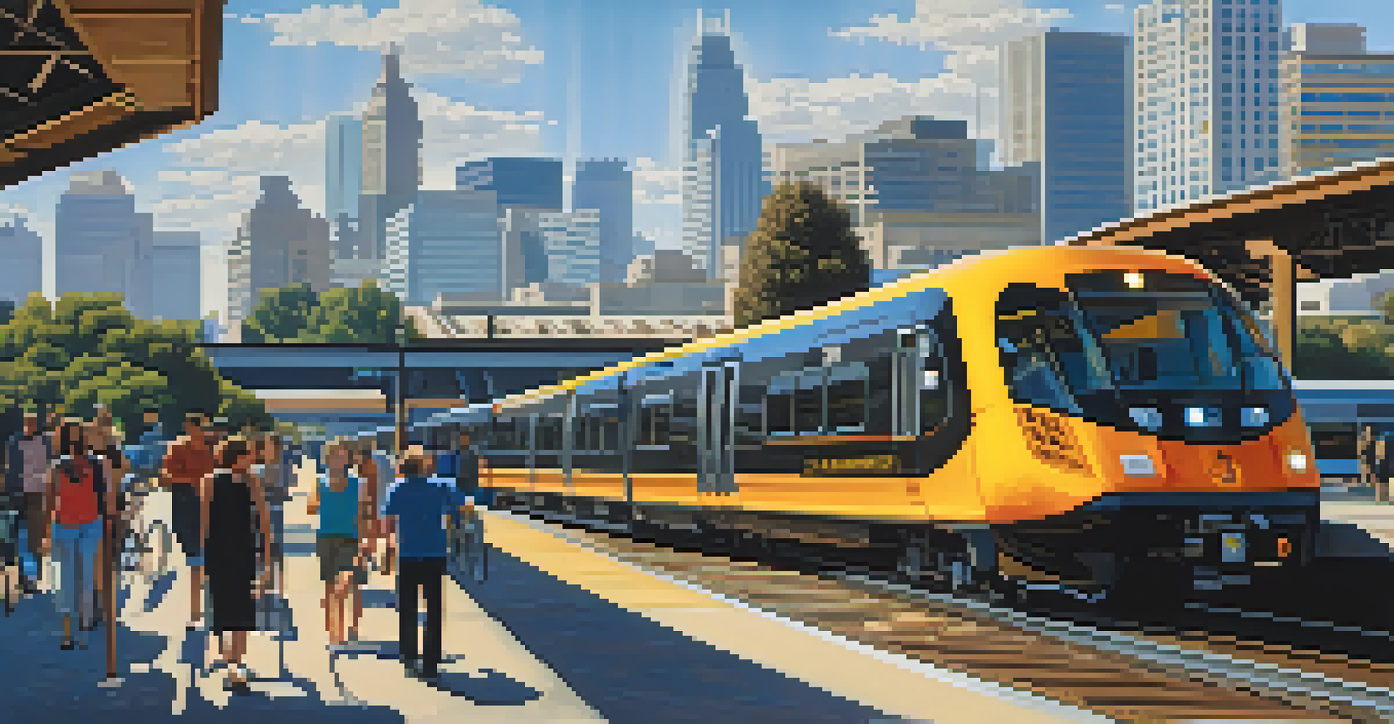 A contemporary view of Sacramento's rail system with electric trains and commuters, set against a modern city skyline.