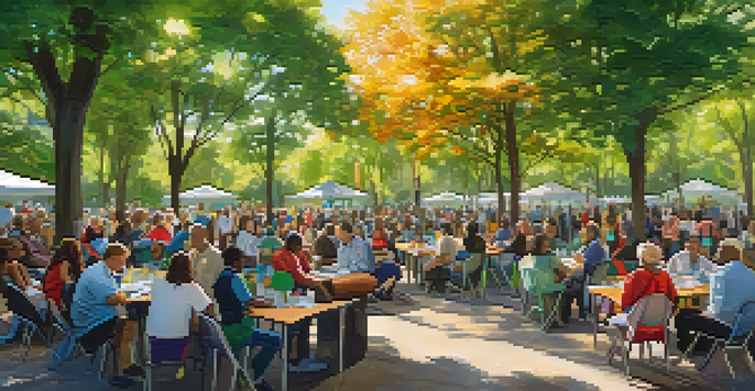 A diverse group of residents participating in a community meeting in a park, discussing local economic resilience, with colorful banners and greenery around them.