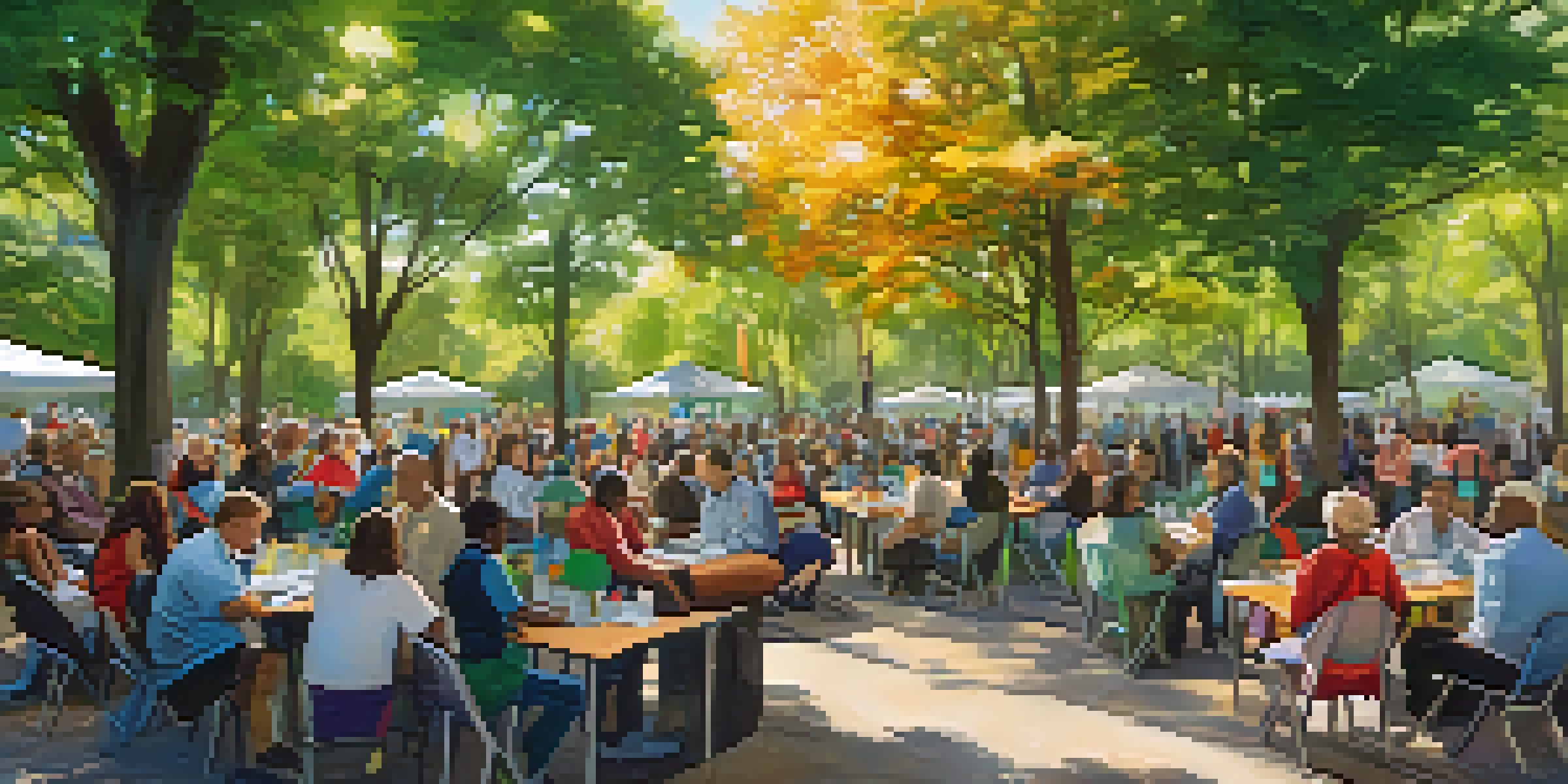 A diverse group of residents participating in a community meeting in a park, discussing local economic resilience, with colorful banners and greenery around them.