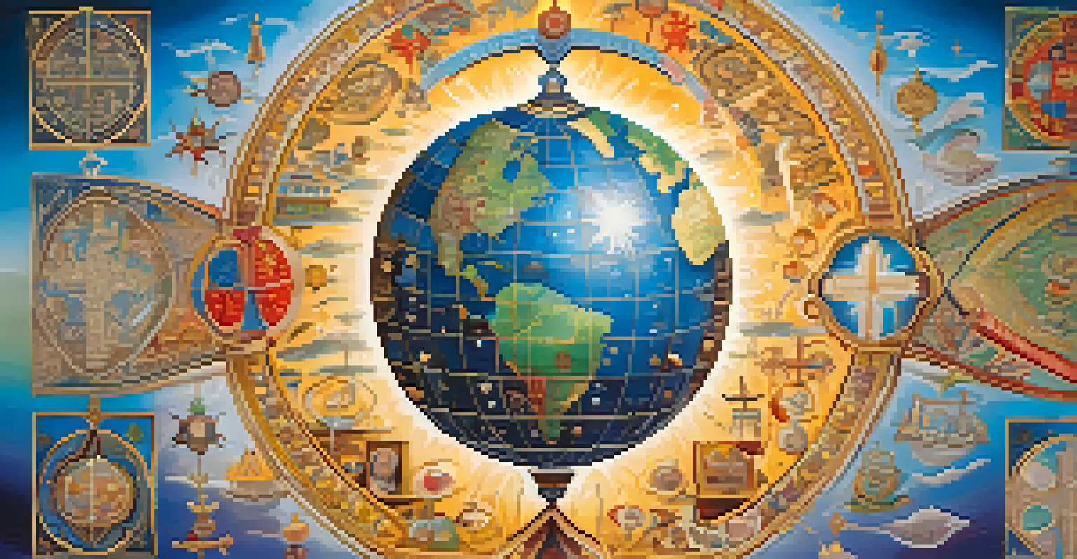 A colorful globe surrounded by symbols of various religions, interconnected with colorful threads, representing unity and interfaith collaboration.