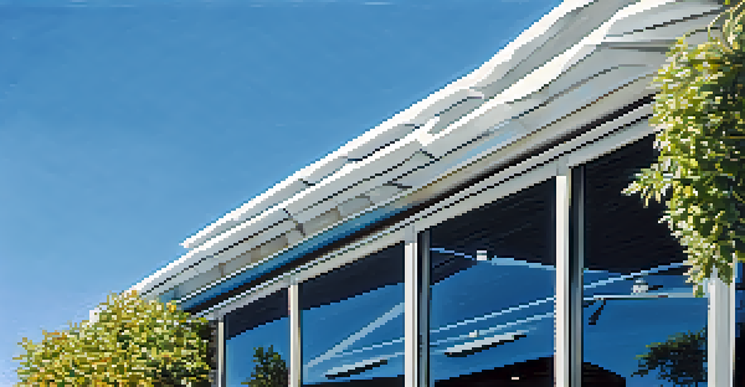A close-up of a reflective cool roof on a commercial building in Sacramento, featuring potted plants and a clear sky.