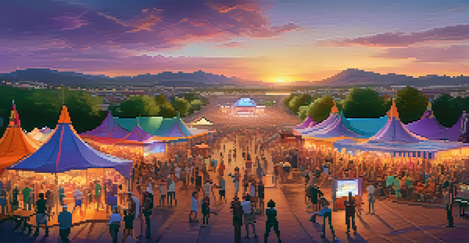 A vibrant local music festival with diverse crowds, colorful tents, and sunset sky.