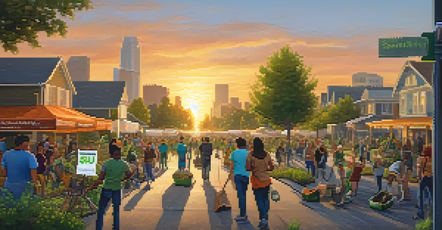 Community members participating in a clean-up event in an urban neighborhood at sunset.