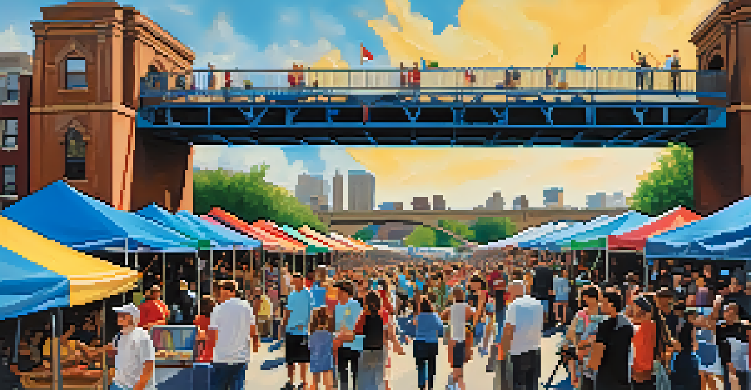 A community festival under the I Street Bridge in Sacramento, featuring colorful tents, artists, and a lively crowd.