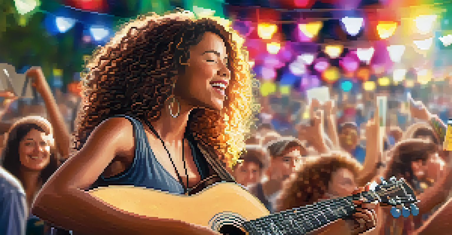 A young woman playing an acoustic guitar and singing at a music festival, with a vibrant audience and warm sunlight in the background.