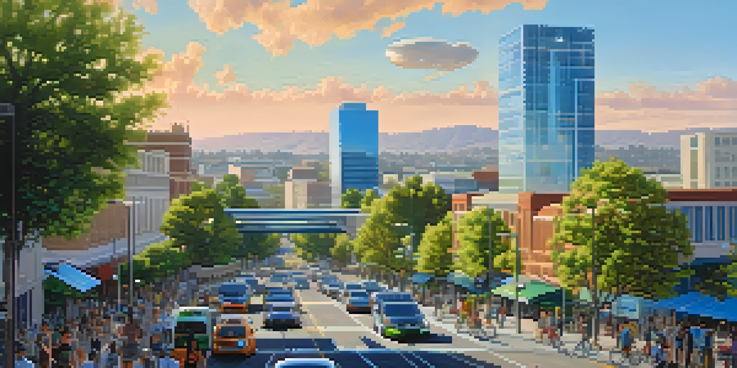 A colorful depiction of Sacramento as a smart city with advanced technology and green spaces, featuring diverse community members.
