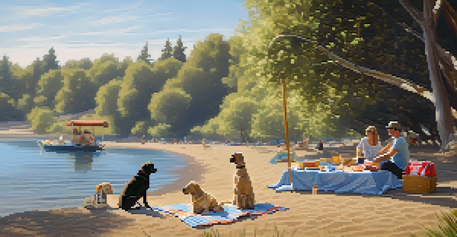 A picnic setup on the beach with a Labrador retriever resting beside a basket at Lake Natoma.
