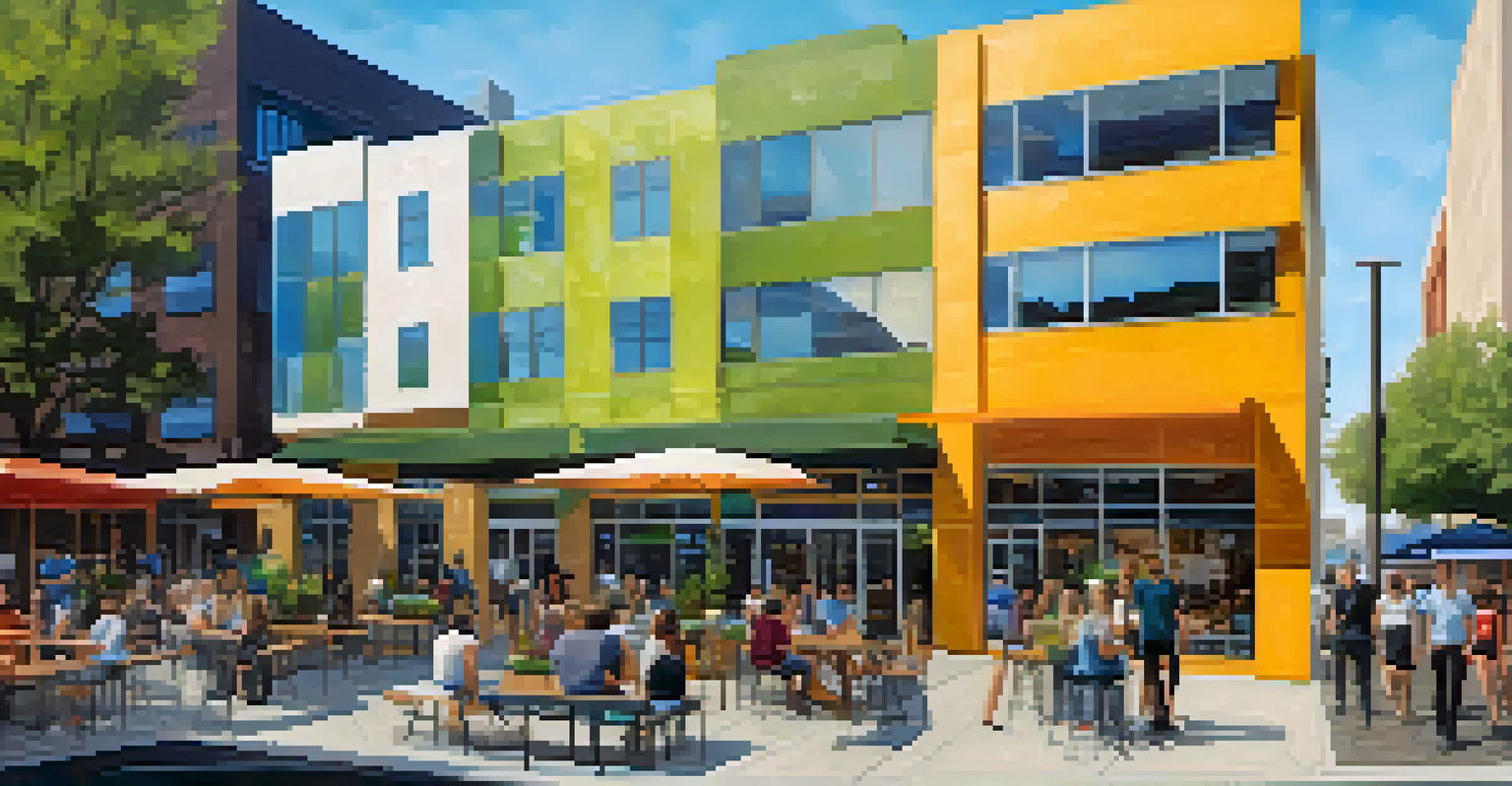 An urban revitalization scene in Sacramento with modern buildings, vibrant public art, and people enjoying outdoor cafes.