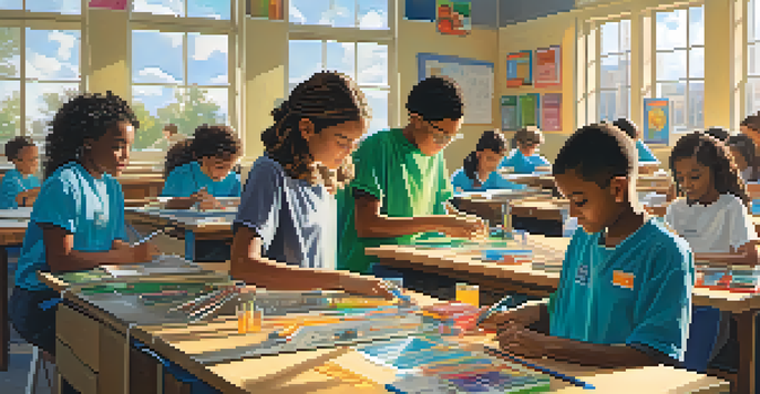 A lively classroom with diverse students collaborating on a robotics project, with colorful educational posters and sunlight pouring in.