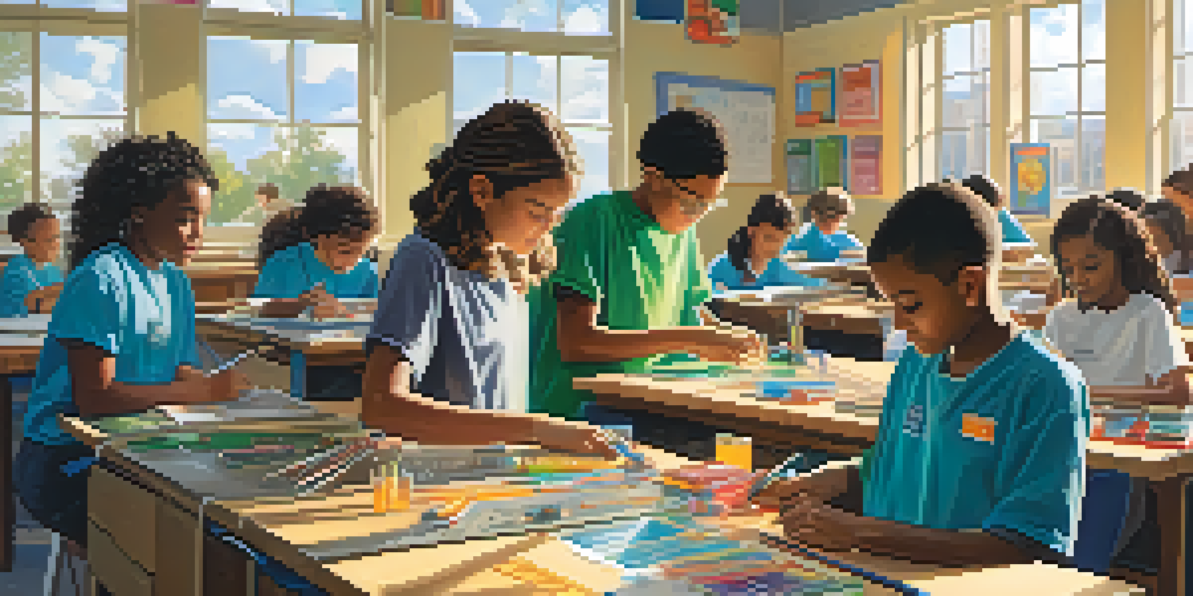 A lively classroom with diverse students collaborating on a robotics project, with colorful educational posters and sunlight pouring in.