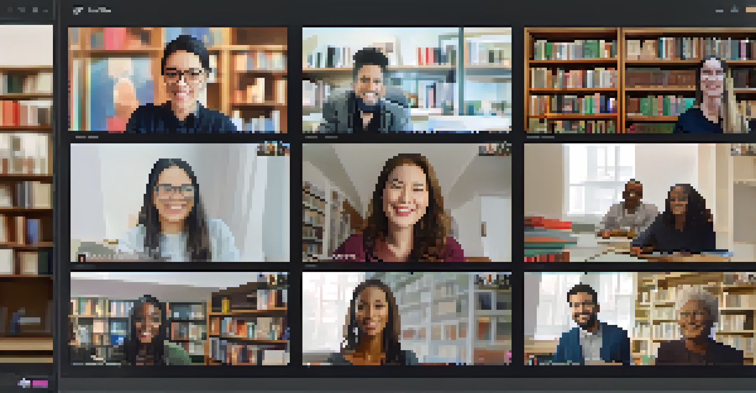 A virtual event with participants on a video call, showcasing a speaker and various attendees engaged in discussion, set against a library-themed background.