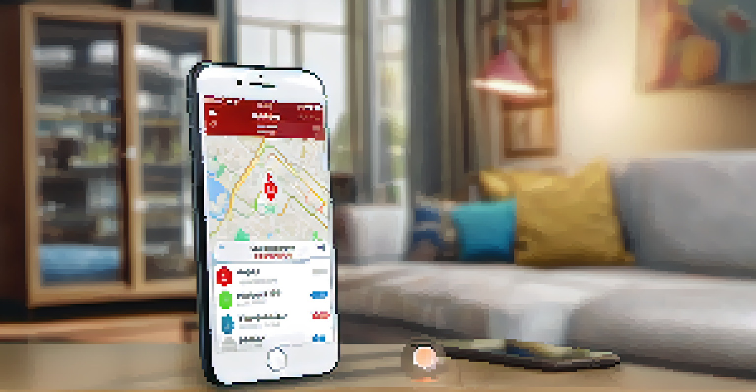 A smartphone close-up displaying an emergency alert app interface in a cozy living room.