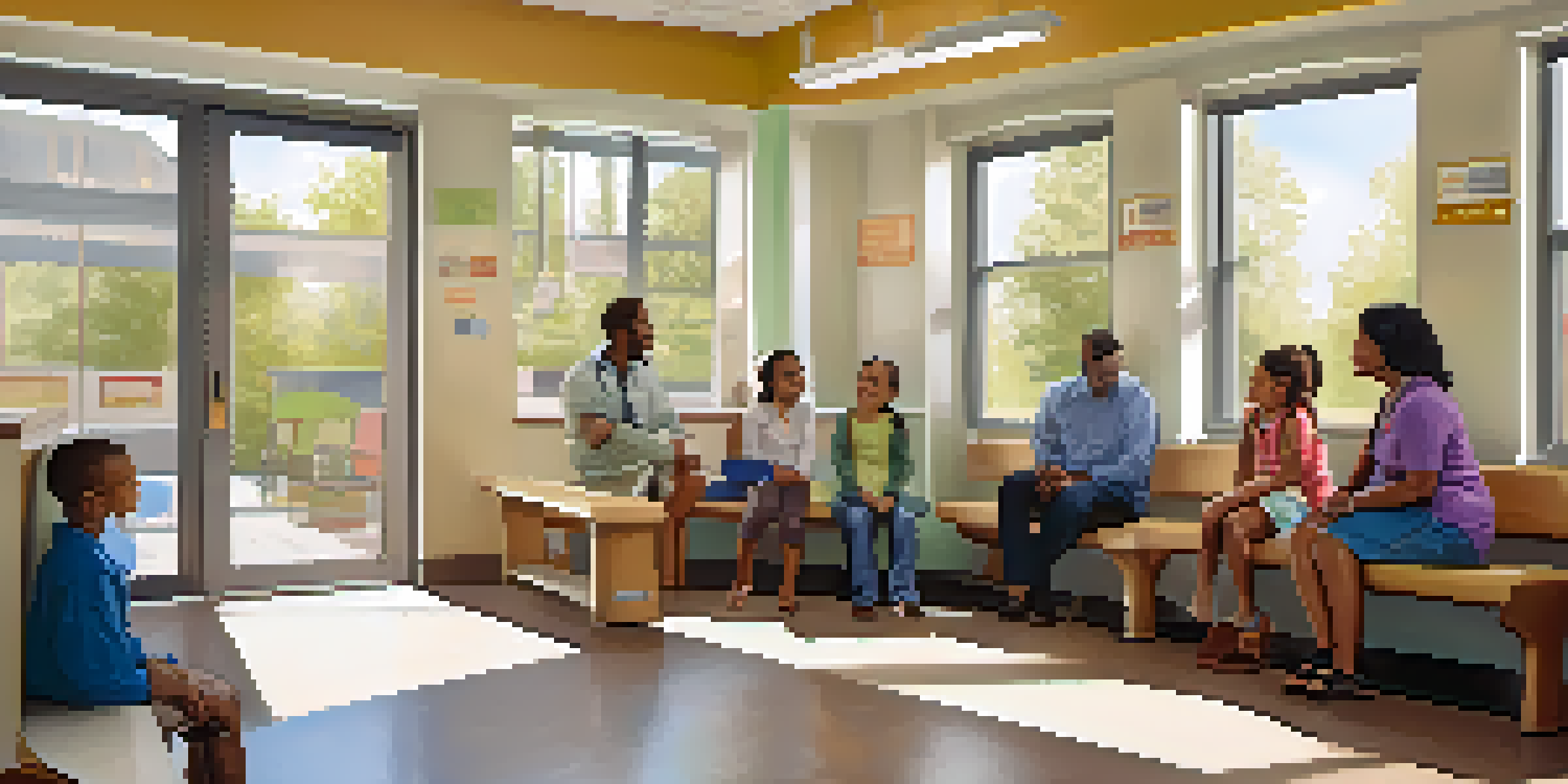 A family sitting in a welcoming clinic waiting area, surrounded by colorful vaccination posters, with soft natural light illuminating the space.