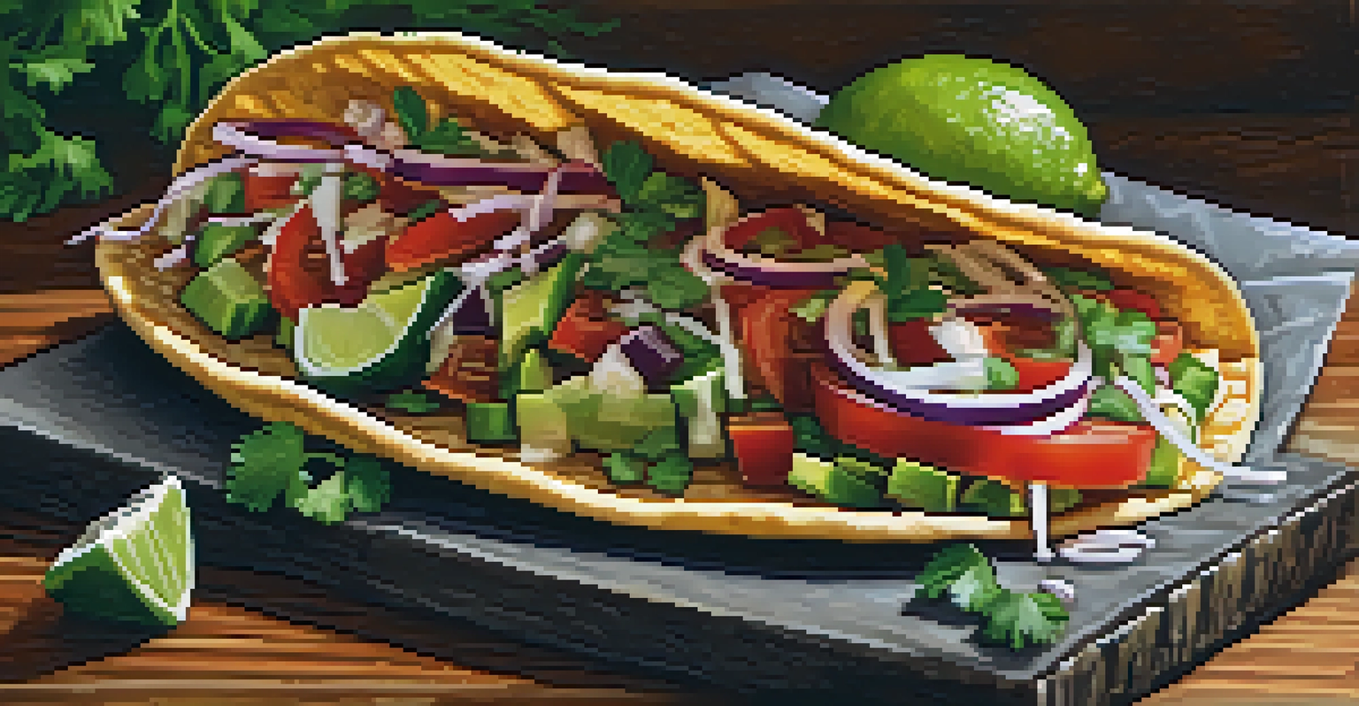 A close-up of a fresh taco with colorful ingredients on a rustic wooden table.