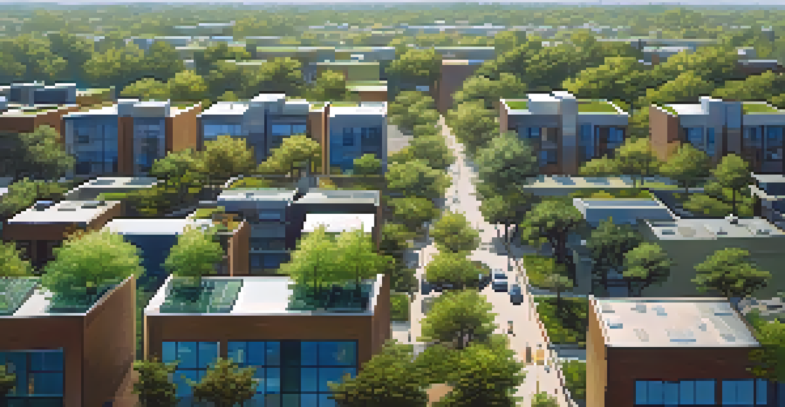 An aerial perspective of a Sacramento neighborhood showcasing green roofs, trees, and parks, emphasizing urban sustainability.