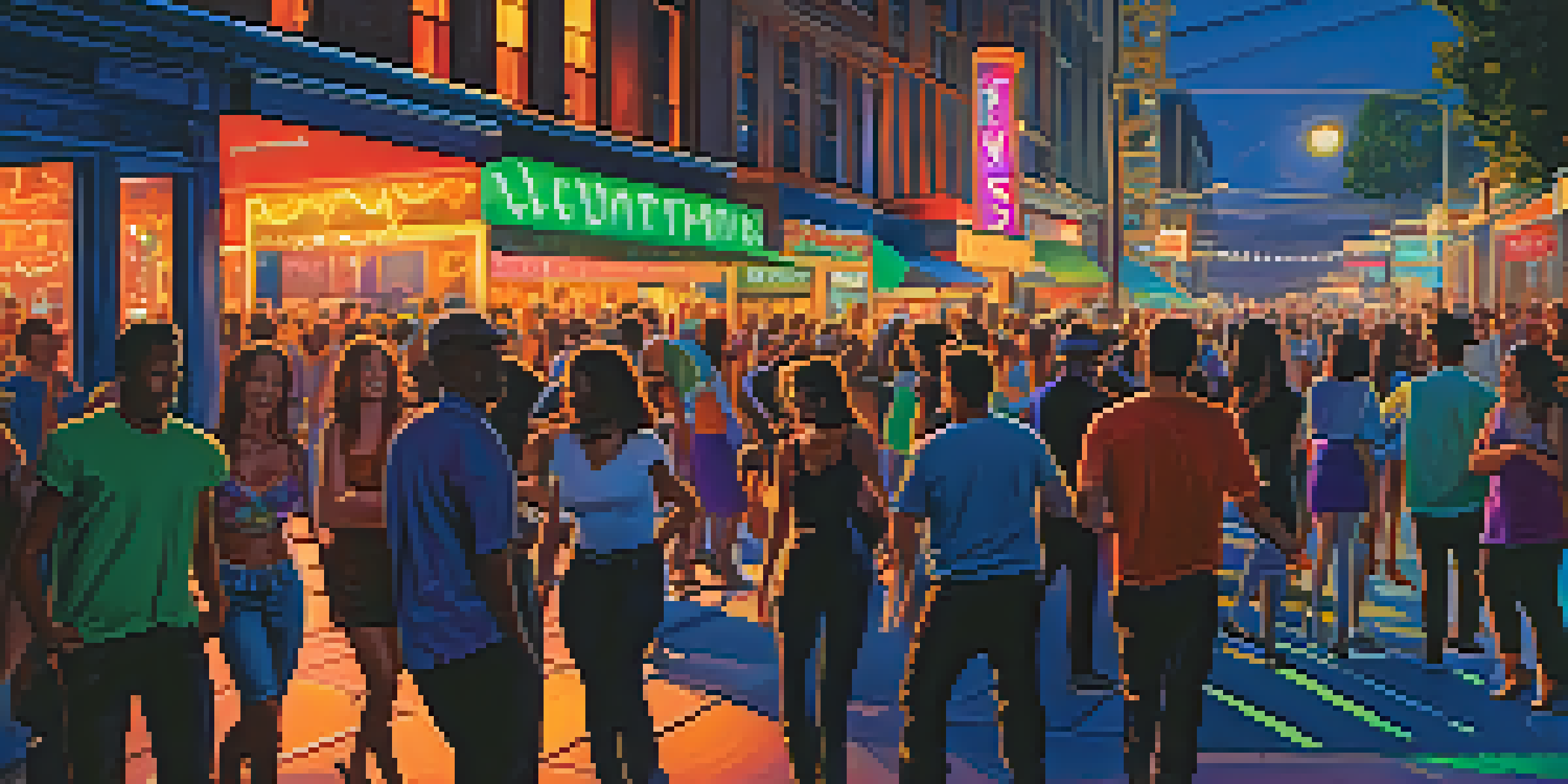 A lively street scene in Sacramento at night, with people dancing under neon lights and enjoying the vibrant atmosphere.