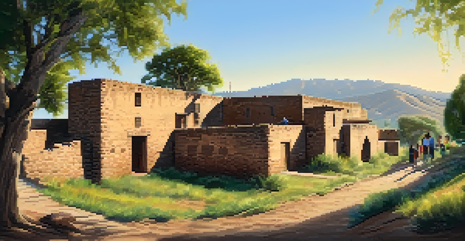 A sunny view of Sutter's Fort, showcasing its historic adobe structure and families taking a guided tour in the greenery.