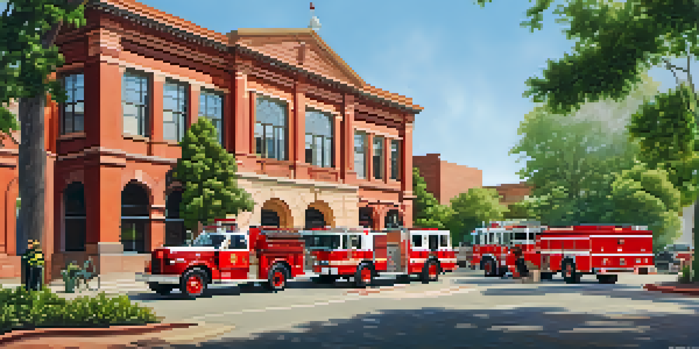A historic fire station with a red brick facade, vintage fire trucks, and community members interacting with firefighters, surrounded by greenery and warm sunlight.