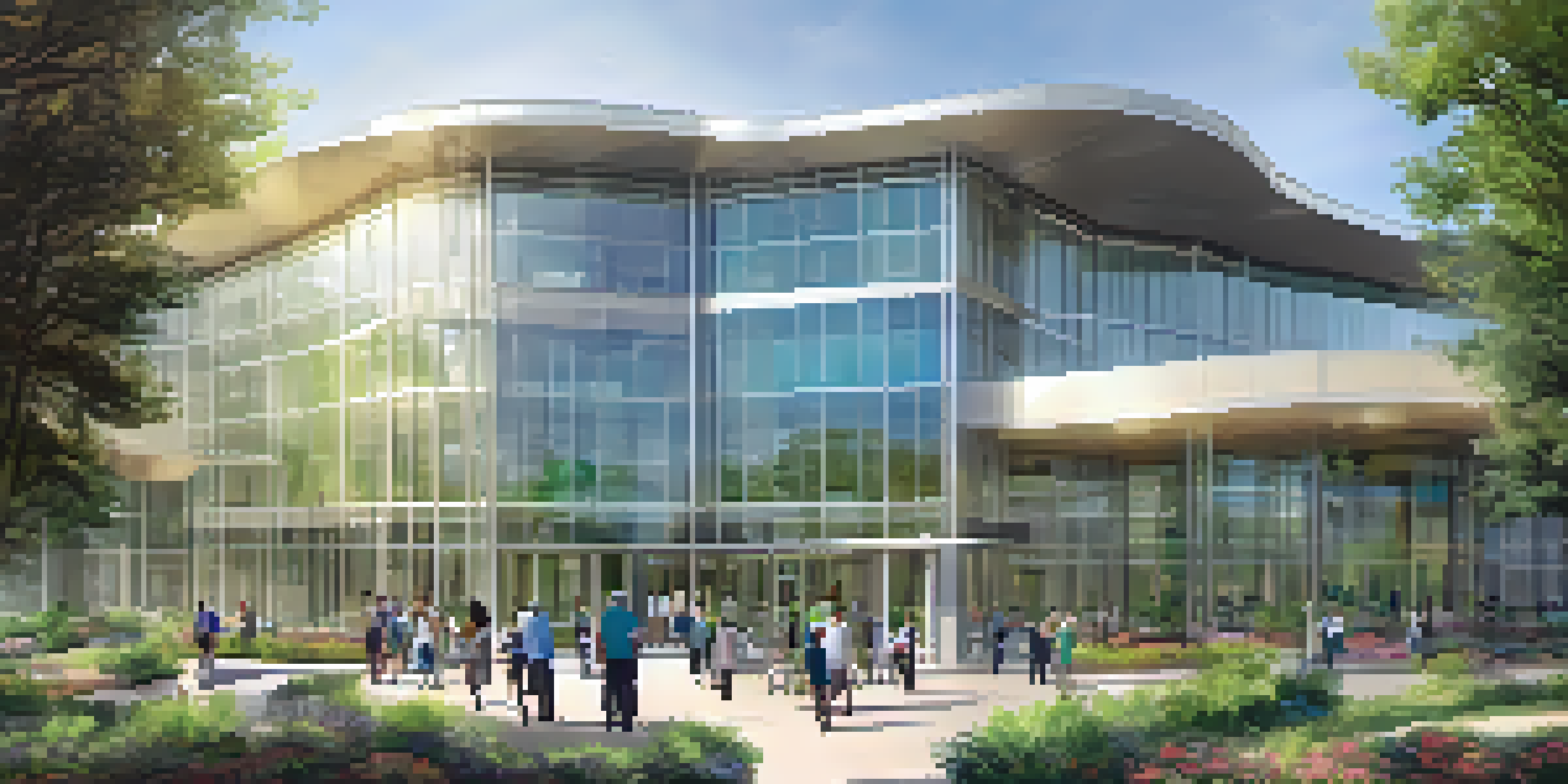 A wide view of UC Davis Medical Center featuring modern glass architecture and greenery, with people engaging at the entrance.